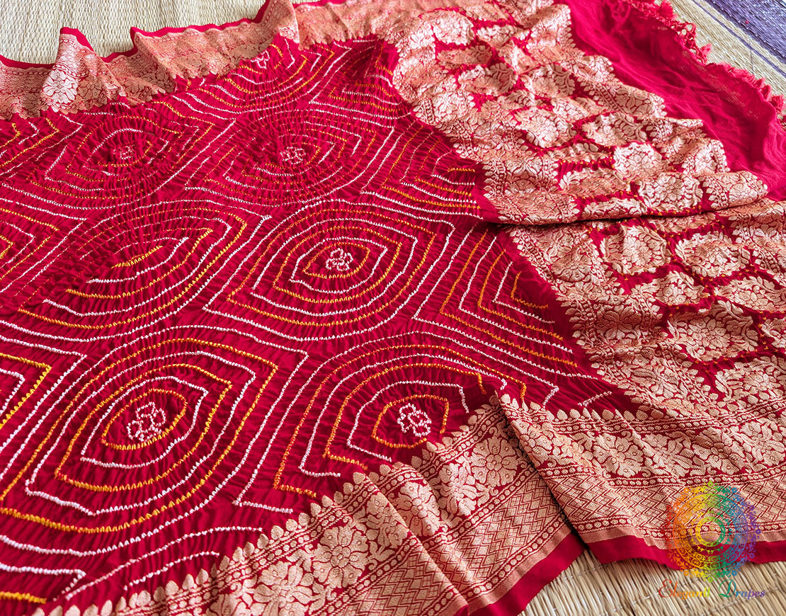 Red Banarasi Georgette Rai Bandhej Dupatta – Bareek Bandhani – Bandhani Saree Online India | Elegantt Drapes