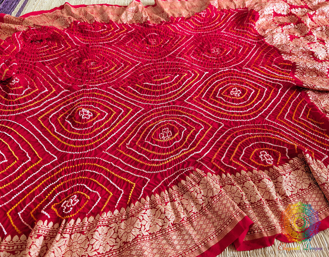 Red Banarasi Georgette Rai Bandhej Dupatta – Bareek Bandhani – Bandhani Saree Online India | Elegantt Drapes