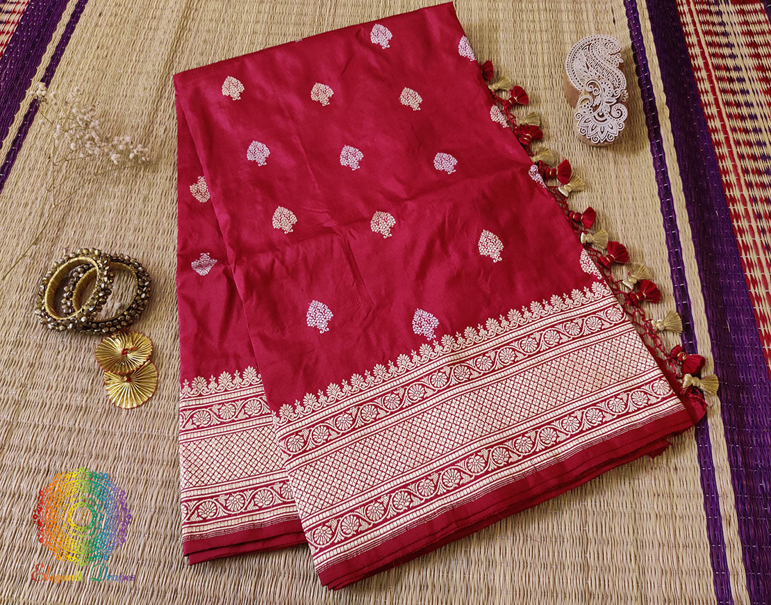 Deep Red Banarasi Handloom Katan Silk Konia Saree – Handloom Saree Online India | Elegantt Drapes