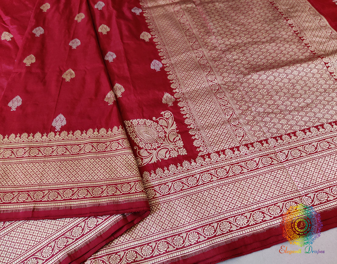 Deep Red Banarasi Handloom Katan Silk Konia Saree – Handloom Saree Online India | Elegantt Drapes