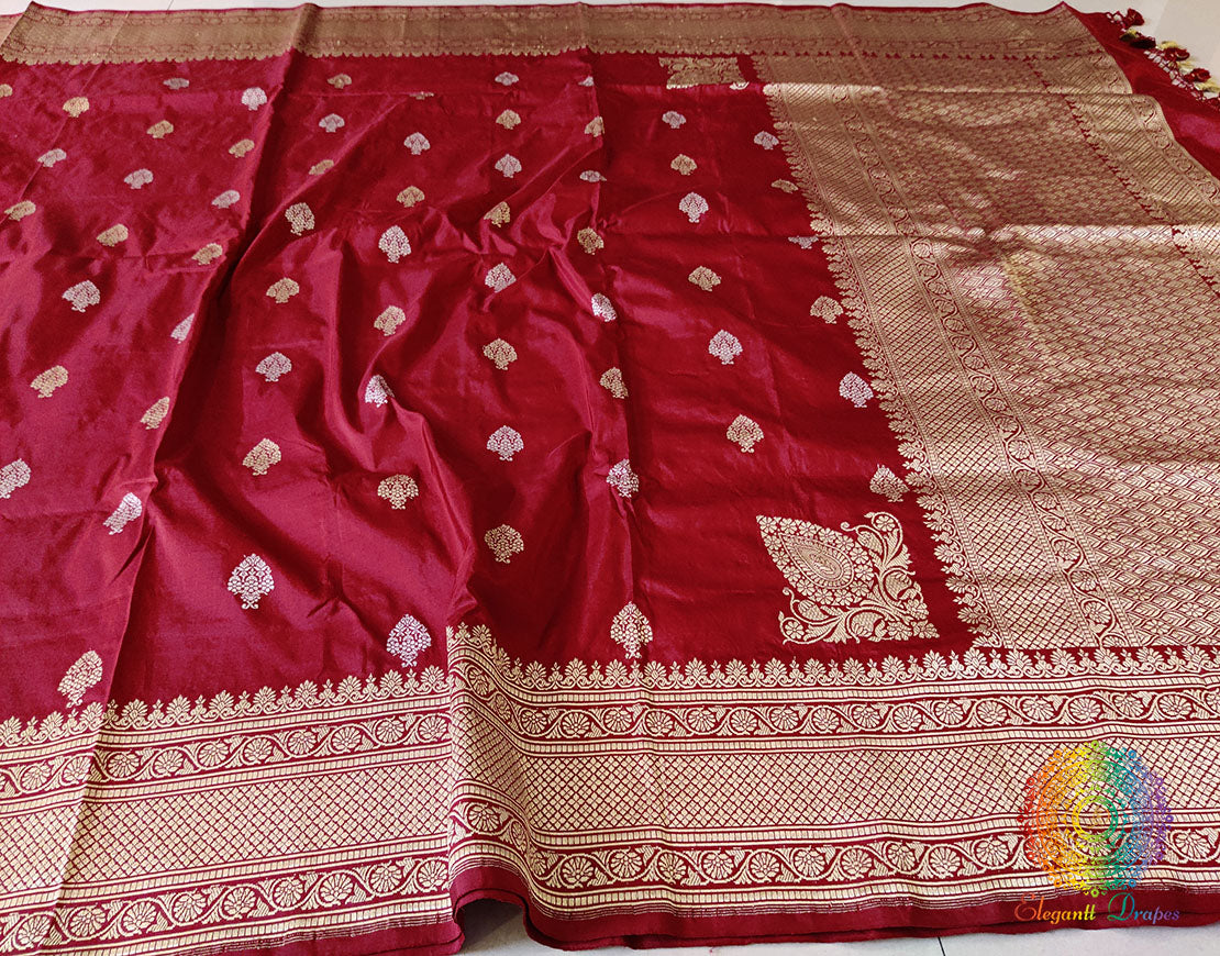 Deep Red Banarasi Handloom Katan Silk Konia Saree – Handloom Saree Online India | Elegantt Drapes