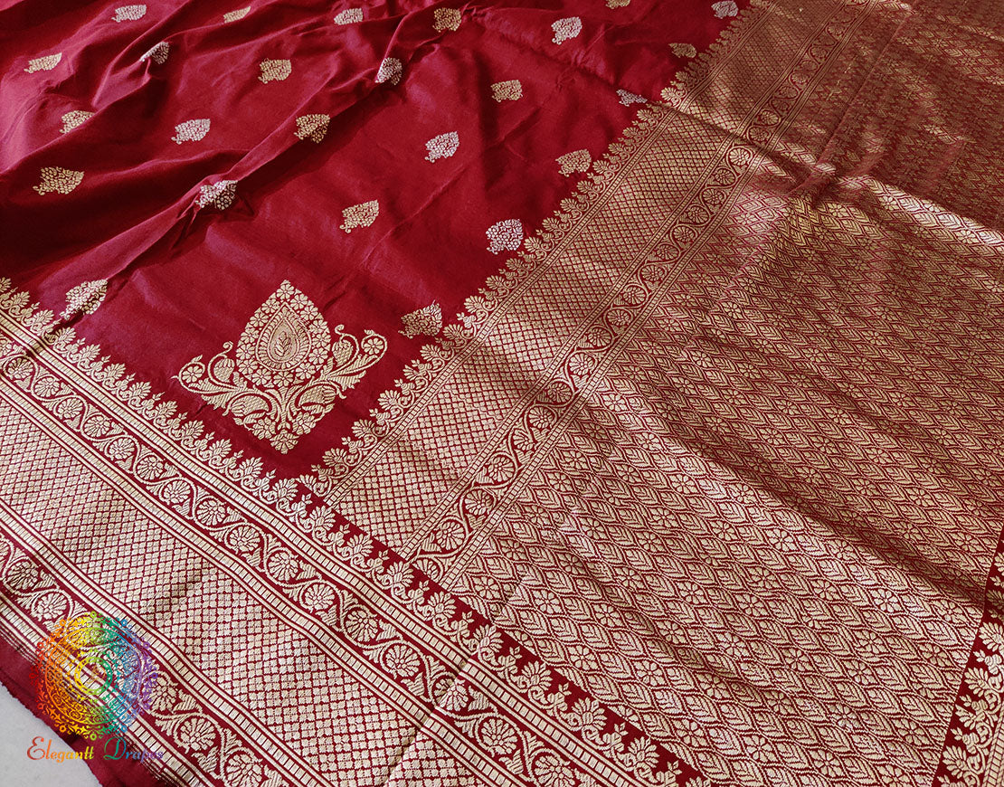 Deep Red Banarasi Handloom Katan Silk Konia Saree – Handloom Saree Online India | Elegantt Drapes