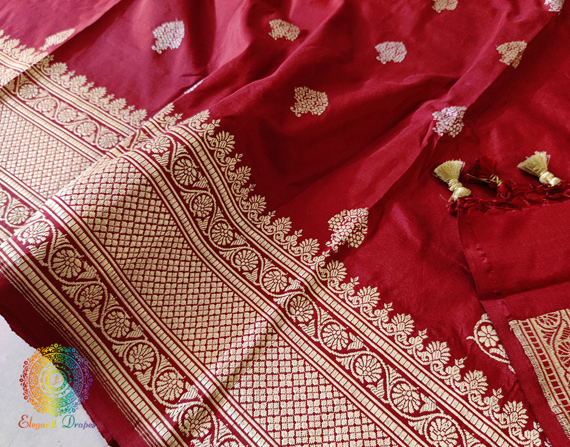 Deep Red Banarasi Handloom Katan Silk Konia Saree – Handloom Saree Online India | Elegantt Drapes