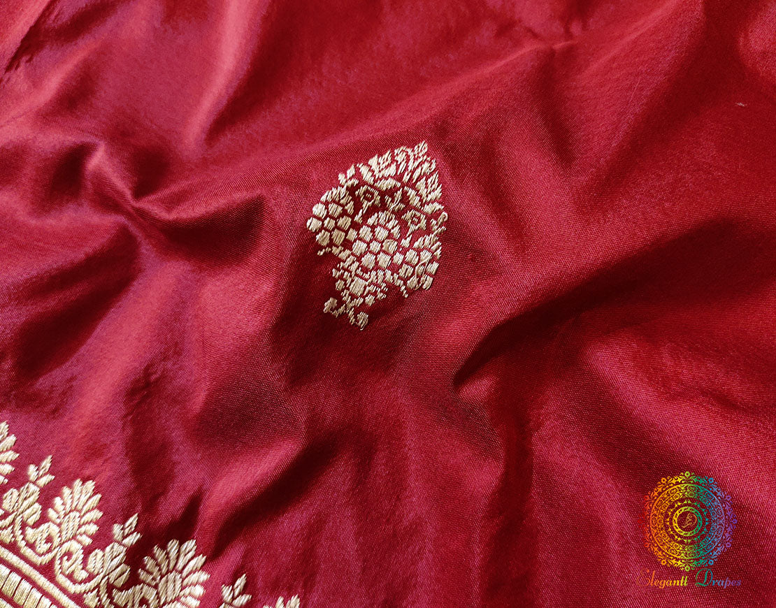 Deep Red Banarasi Handloom Katan Silk Konia Saree – Handloom Saree Online India | Elegantt Drapes