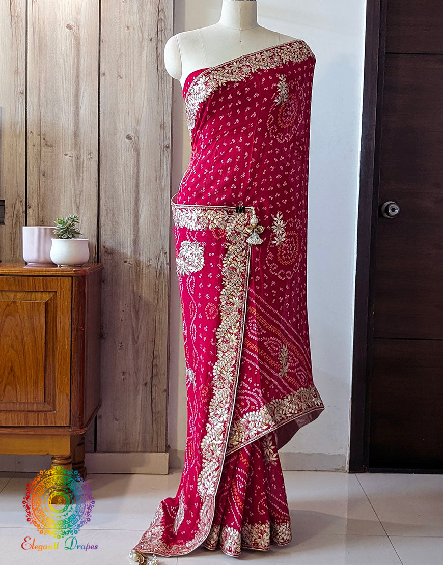 Red Pure Crepe Rai Bandhej Gota Patti Saree