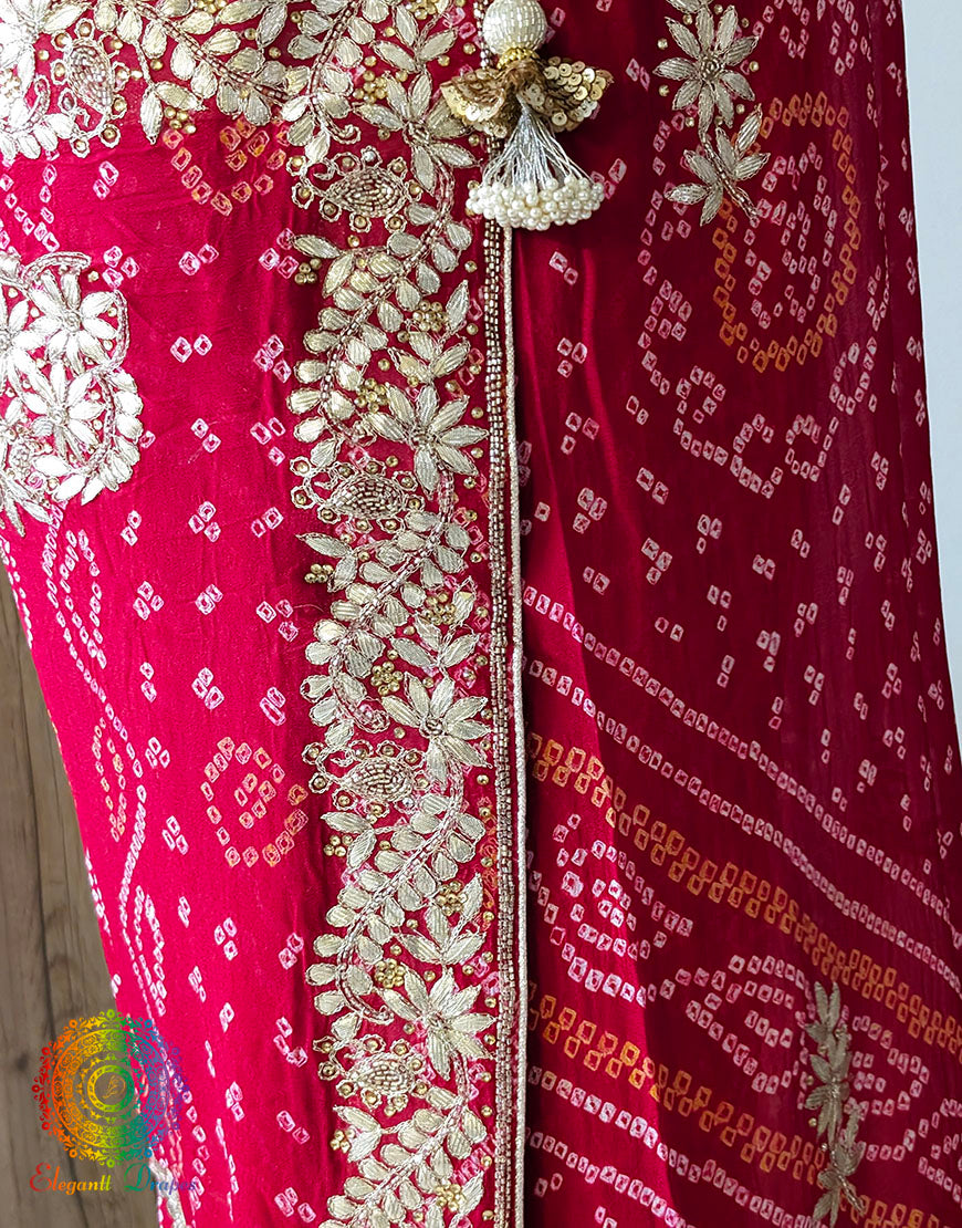 Red Pure Crepe Rai Bandhej Gota Patti Saree