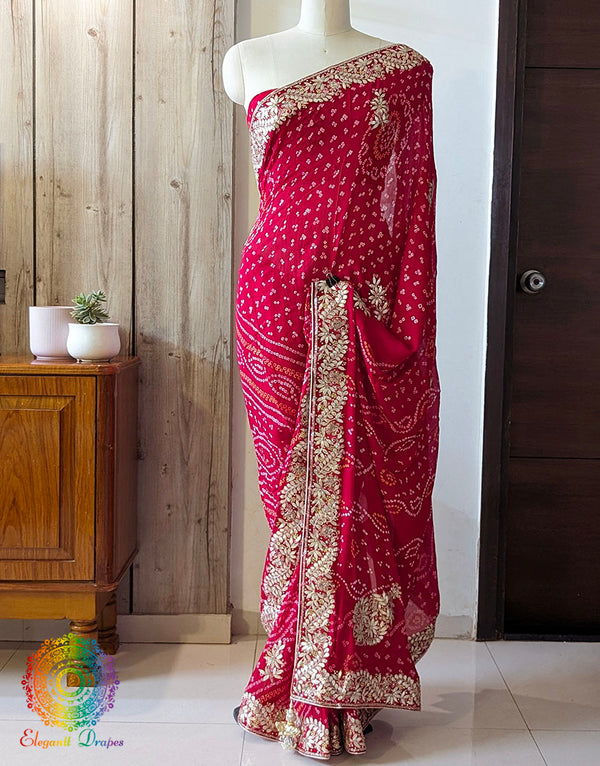 Red Pure Crepe Rai Bandhej Gota Patti Saree