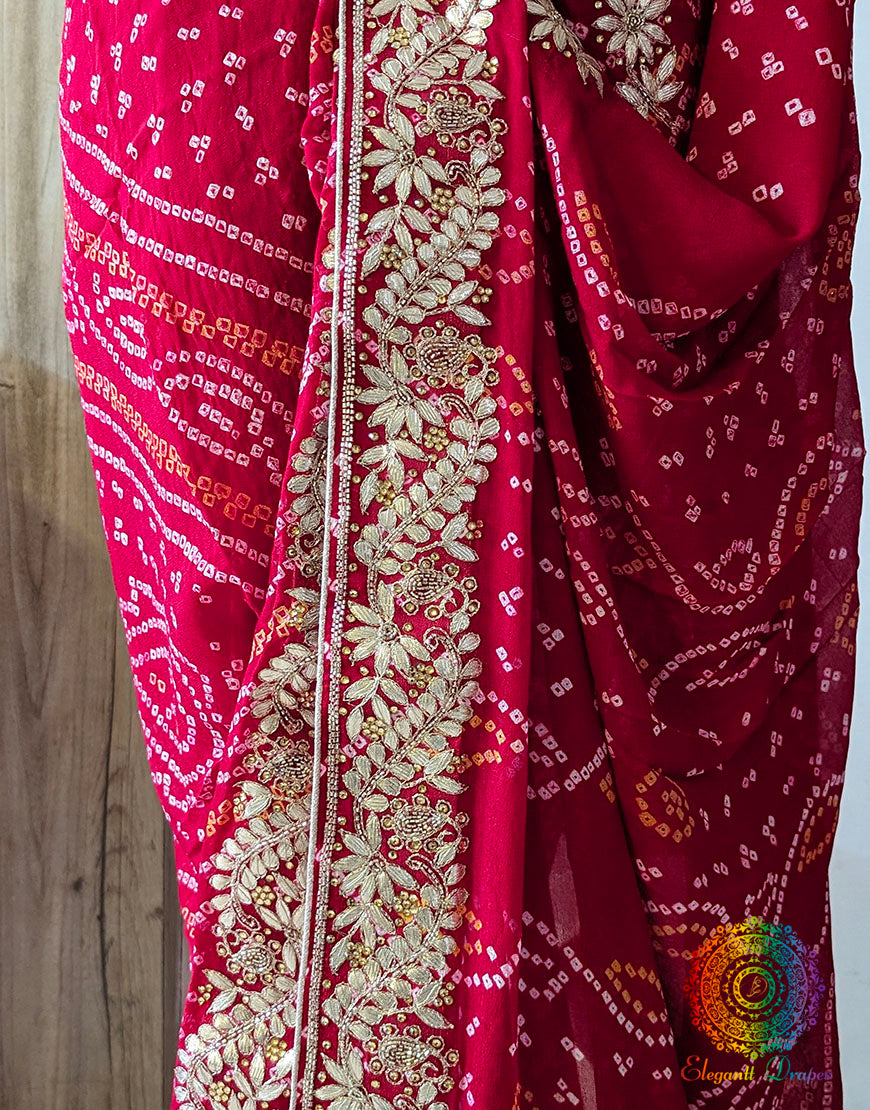Red Pure Crepe Rai Bandhej Gota Patti Saree