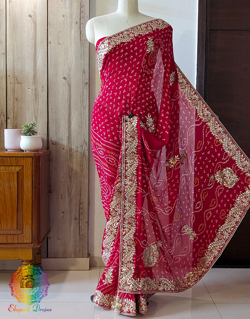 Red Pure Crepe Rai Bandhej Gota Patti Saree