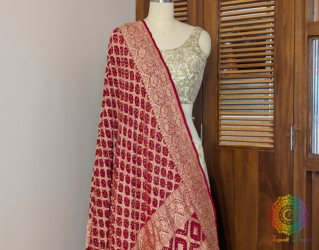 Deep Red Banarasi Bandhani Georgette Dupatta – Bandhani Saree Online India | Elegantt Drapes