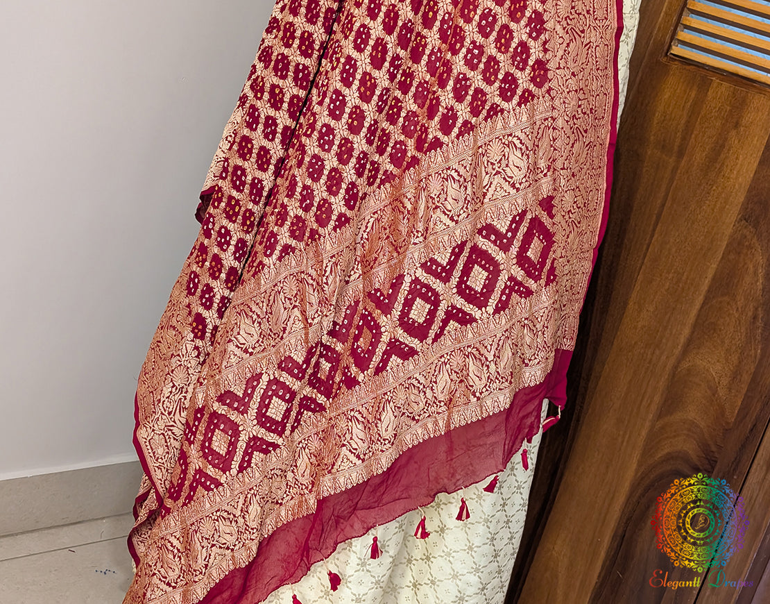 Deep Red Banarasi Bandhani Georgette Dupatta – Bandhani Saree Online India | Elegantt Drapes