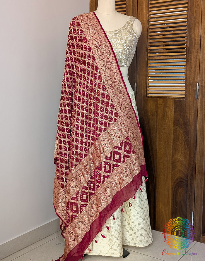 Deep Red Banarasi Bandhani Georgette Dupatta – Bandhani Saree Online India | Elegantt Drapes