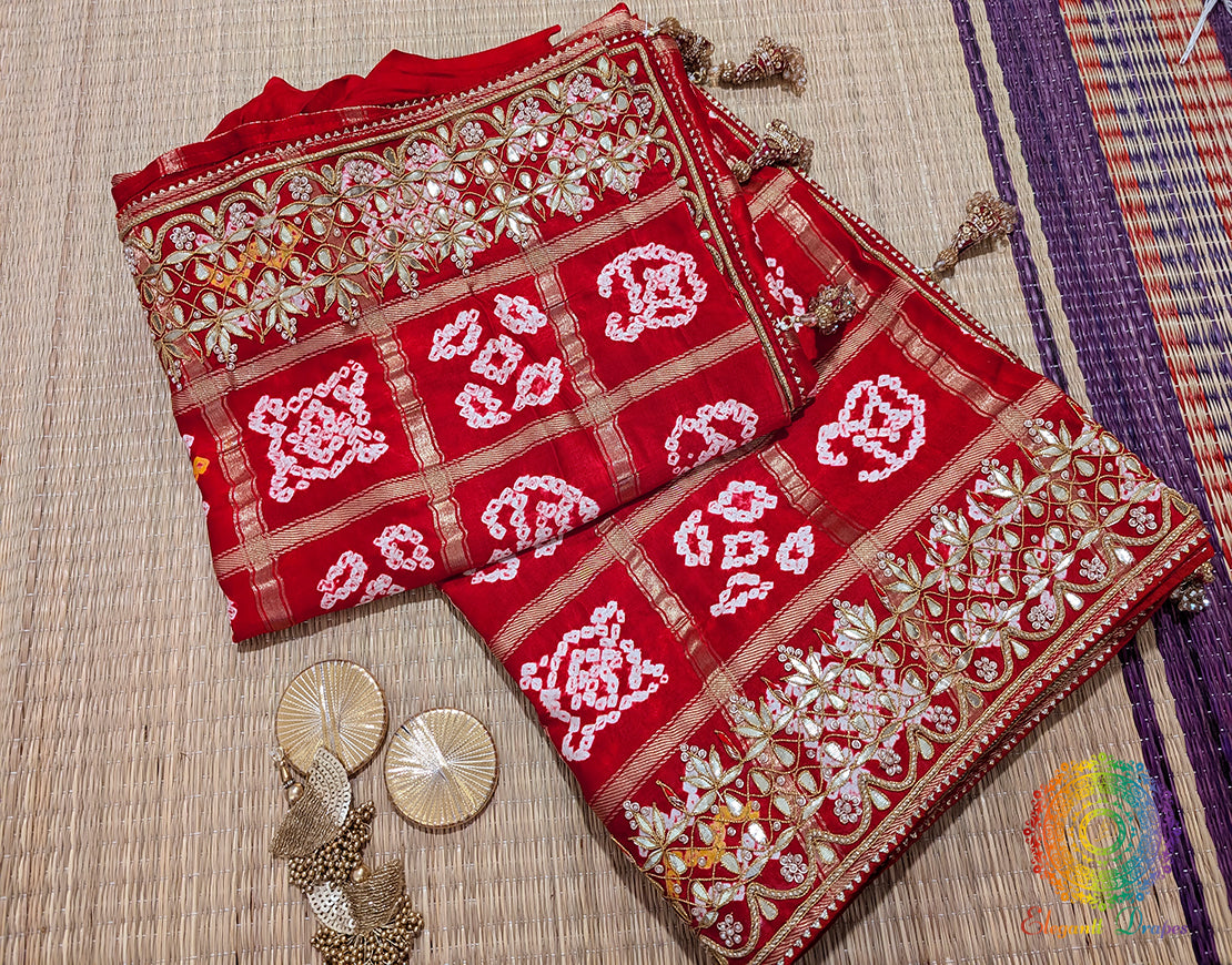 Red Pure Gaji Silk Bandhani Gota Patti Saree – Bandhani Saree Online India | Elegantt Drapes