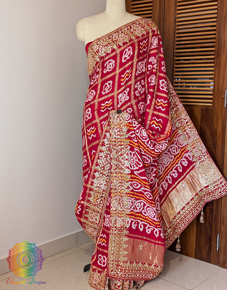 Red Pure Gaji Silk Bandhani Gota Patti Saree – Bandhani Saree Online India | Elegantt Drapes