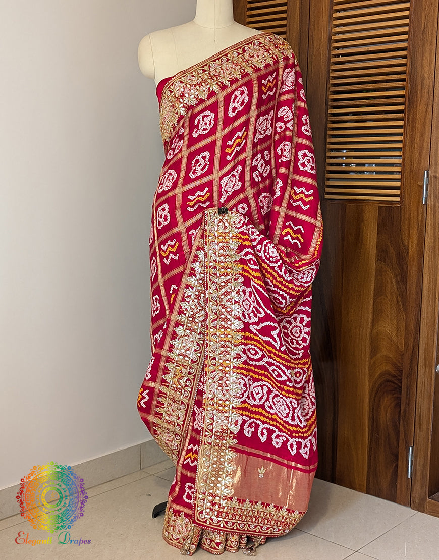 Red Pure Gaji Silk Bandhani Gota Patti Saree – Bandhani Saree Online India | Elegantt Drapes