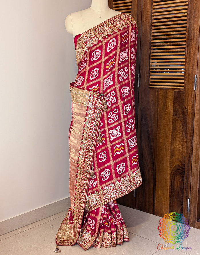Red Pure Gaji Silk Bandhani Gota Patti Saree – Bandhani Saree Online India | Elegantt Drapes