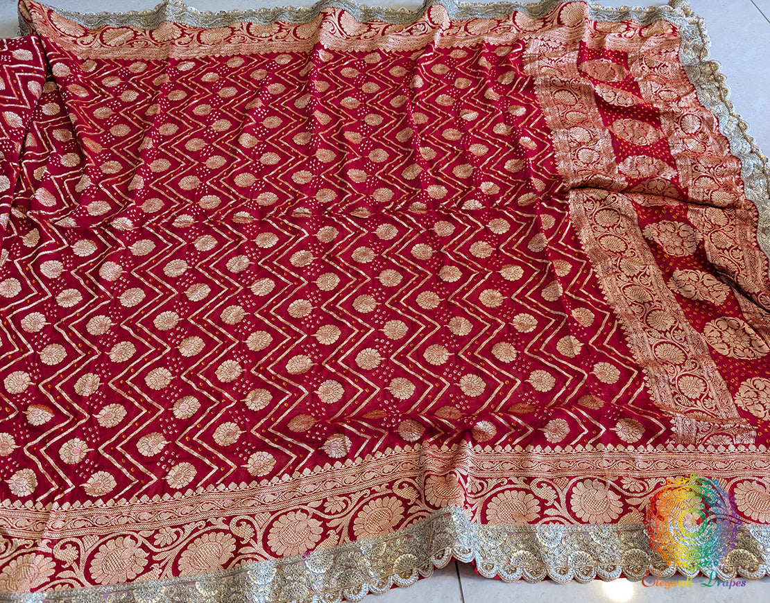 Red Banarasi Georgette Bandhani Border Dupatta – Bandhani Saree Online India | Elegantt Drapes