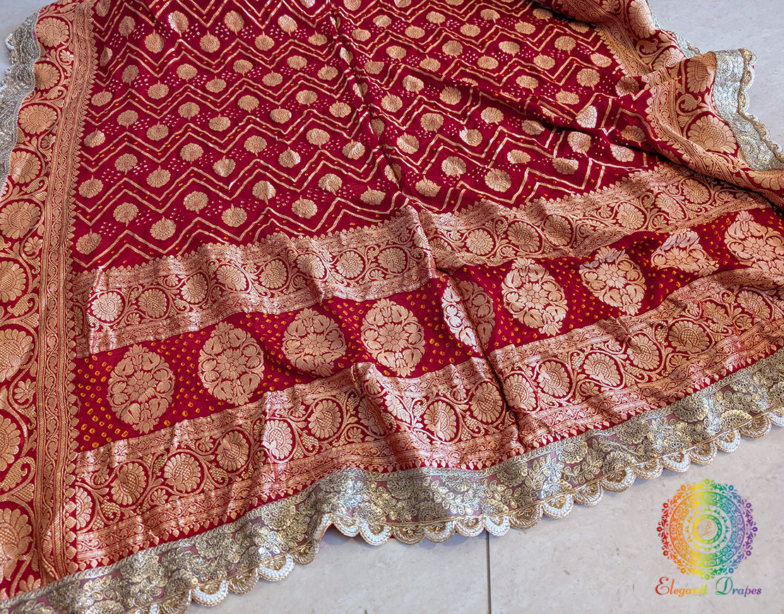 Red Banarasi Georgette Bandhani Border Dupatta – Bandhani Saree Online India | Elegantt Drapes