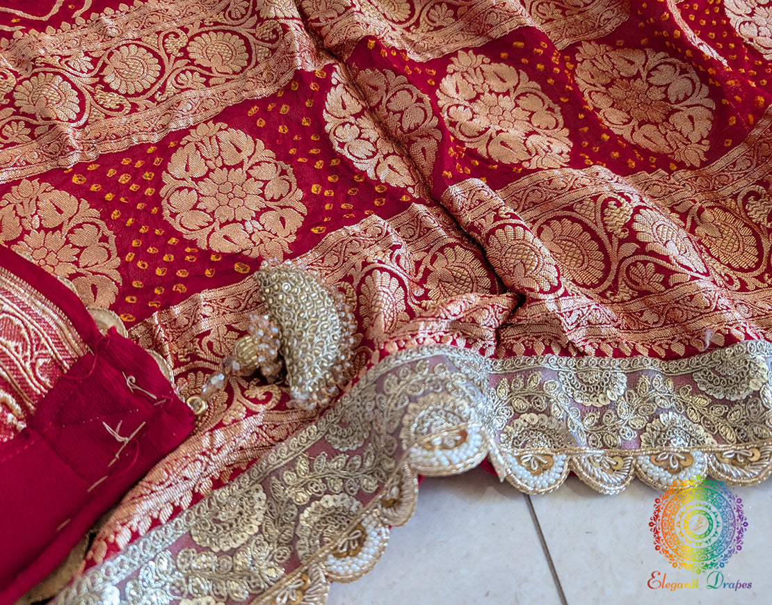 Red Banarasi Georgette Bandhani Border Dupatta – Bandhani Saree Online India | Elegantt Drapes
