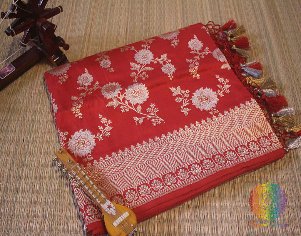 Red Banarasi Handloom Pure Katan Silk Jungla Dupatta Saree – Handloom Saree Online India | Elegantt Drapes