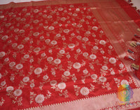 Red Banarasi Handloom Pure Katan Silk Jungla Dupatta Saree – Handloom Saree Online India | Elegantt Drapes