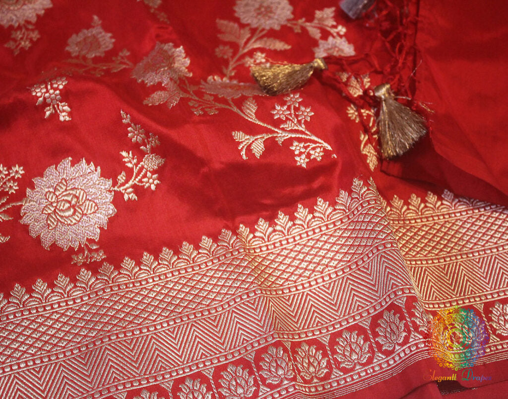 Red Banarasi Handloom Pure Katan Silk Jungla Dupatta Saree – Handloom Saree Online India | Elegantt Drapes