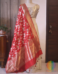 Red Banarasi Handloom Pure Katan Silk Jungla Dupatta Saree – Handloom Saree Online India | Elegantt Drapes