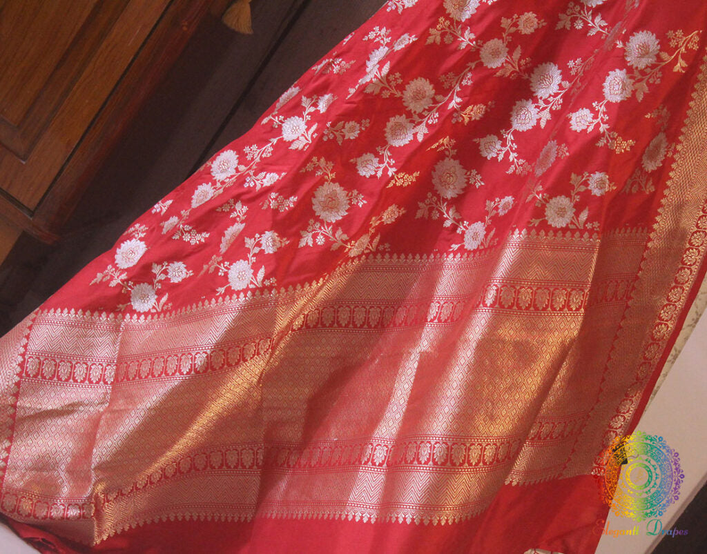 Red Banarasi Handloom Pure Katan Silk Jungla Dupatta Saree – Handloom Saree Online India | Elegantt Drapes