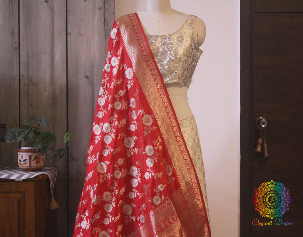 Red Banarasi Handloom Pure Katan Silk Jungla Dupatta Saree – Handloom Saree Online India | Elegantt Drapes