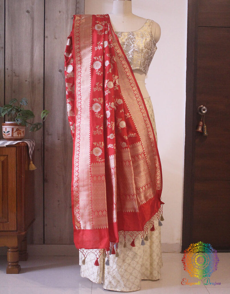 Red Banarasi Handloom Pure Katan Silk Jungla Dupatta Saree – Handloom Saree Online India | Elegantt Drapes