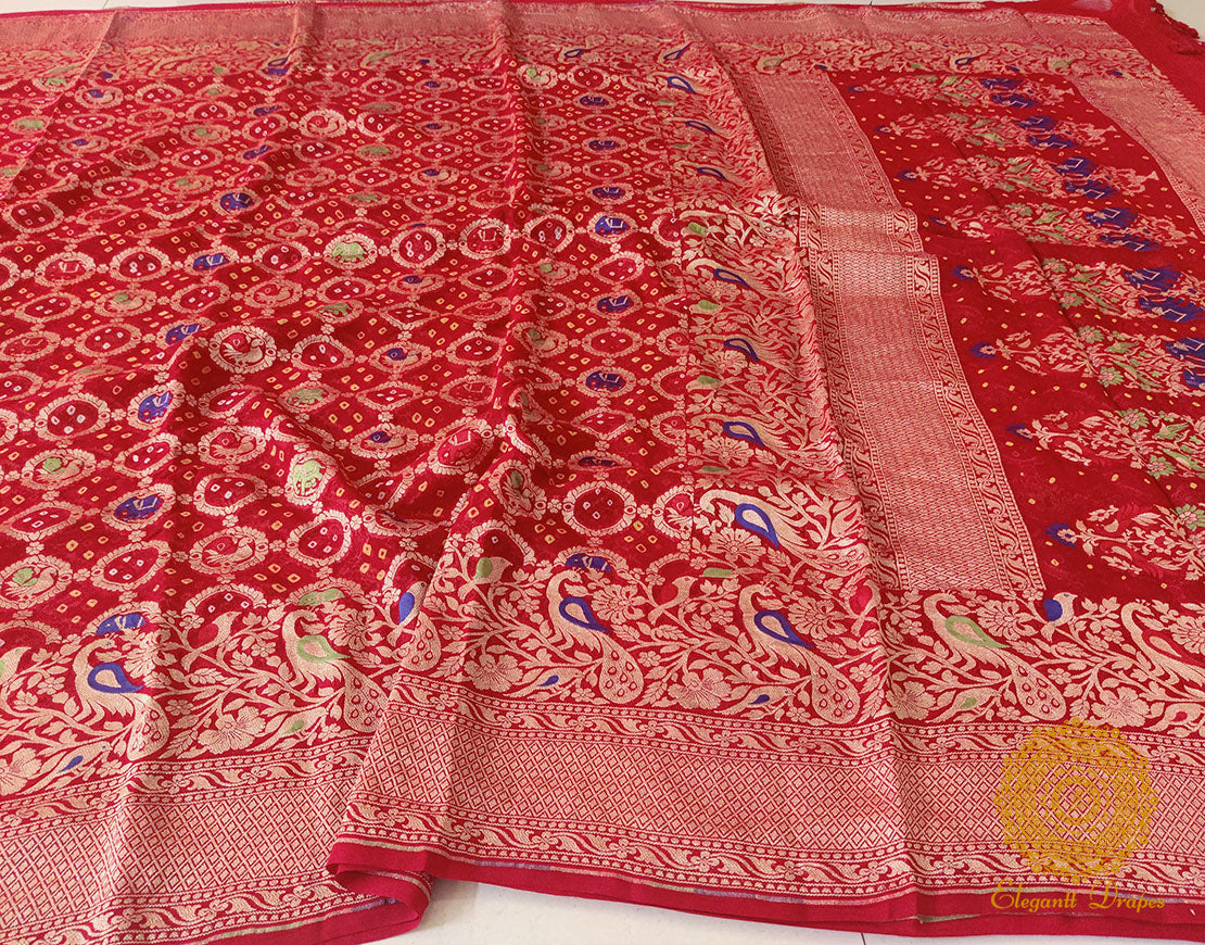 Red Banarasi Bandhani Meenakari Khaddi Georgette Saree – Bandhani Saree Online India | Elegantt Drapes