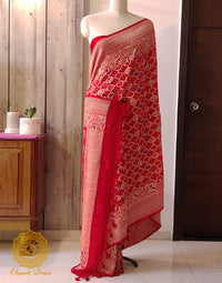 Red Banarasi Bandhani Meenakari Khaddi Georgette Saree – Bandhani Saree Online India | Elegantt Drapes