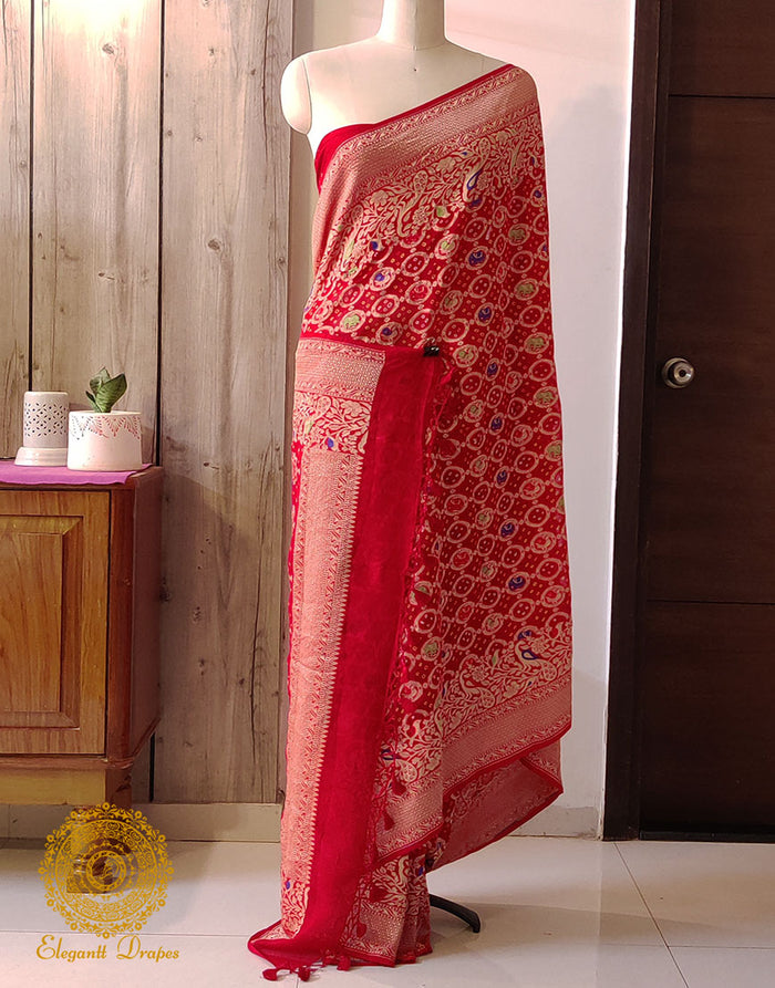 Red Banarasi Bandhani Meenakari Khaddi Georgette Saree – Bandhani Saree Online India | Elegantt Drapes