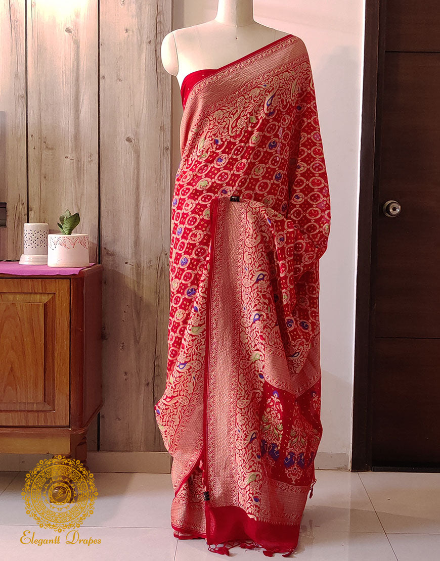 Red Banarasi Bandhani Meenakari Khaddi Georgette Saree – Bandhani Saree Online India | Elegantt Drapes