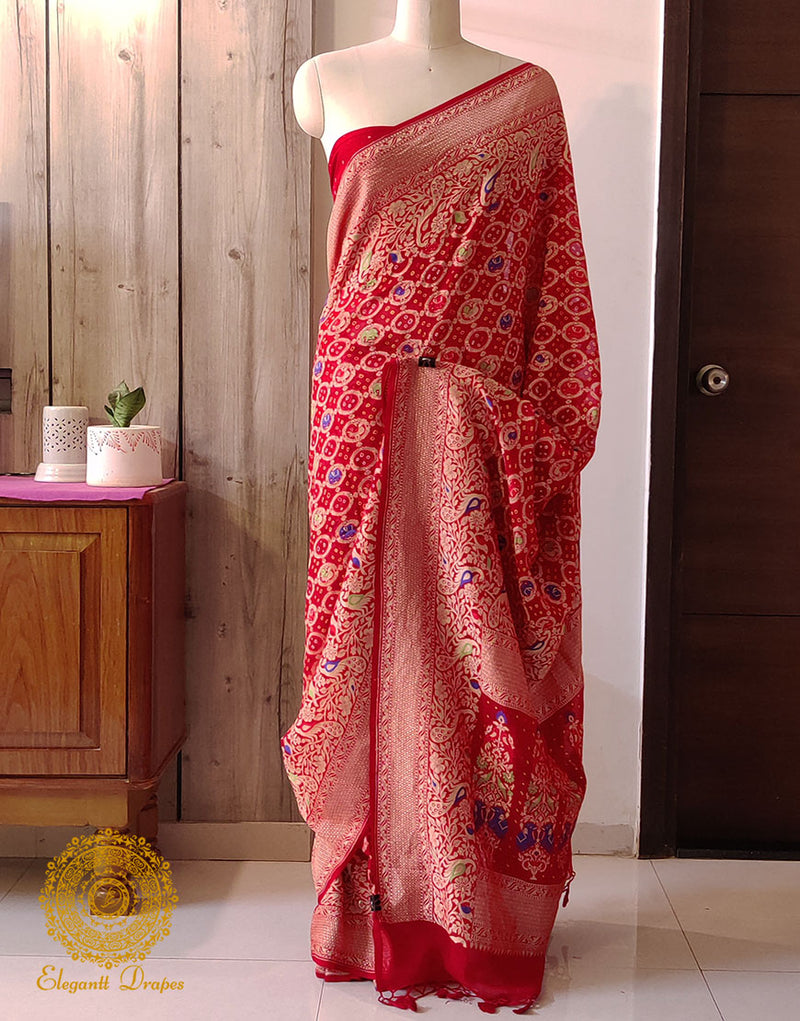 Red Banarasi Bandhani Meenakari Khaddi Georgette Saree – Bandhani Saree Online India | Elegantt Drapes