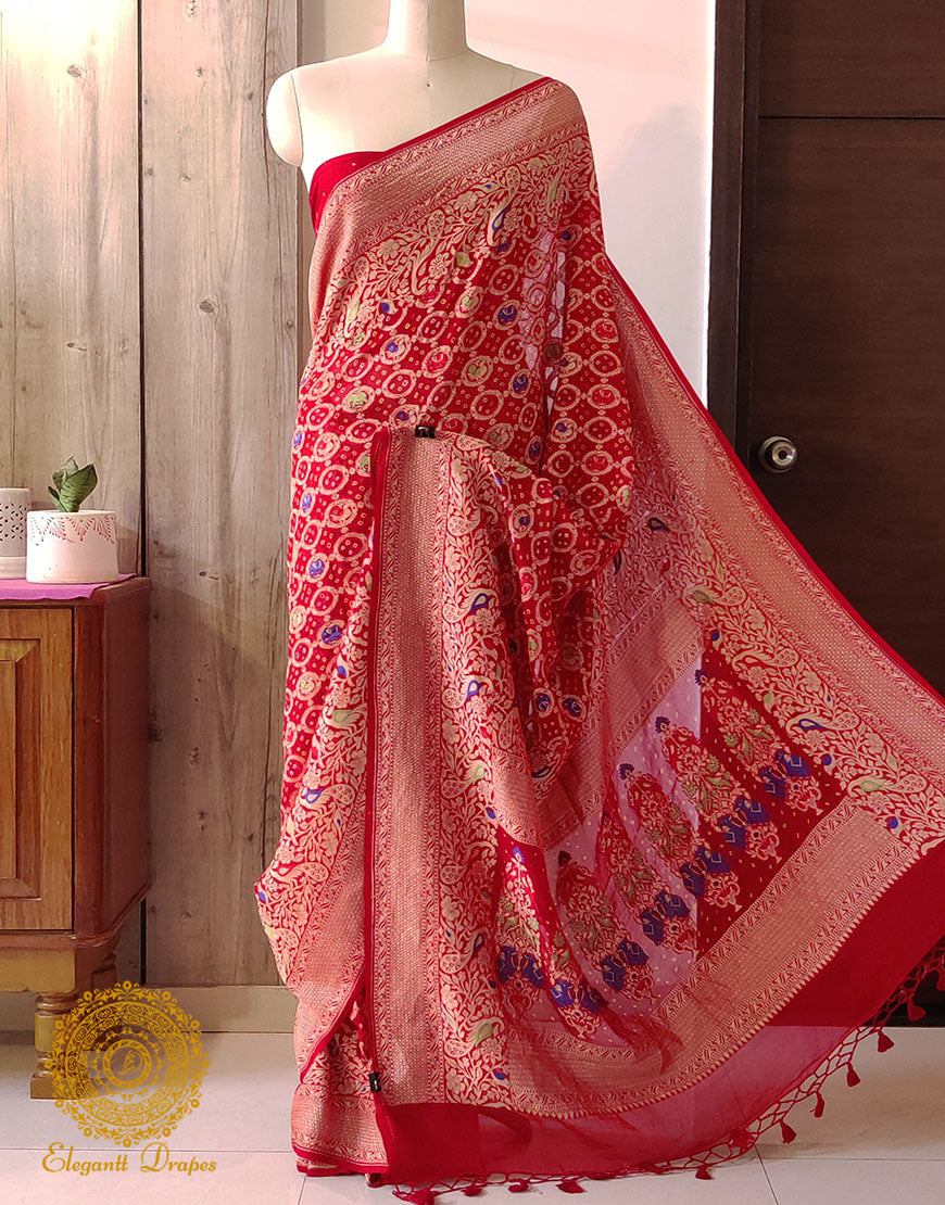 Red Banarasi Bandhani Meenakari Khaddi Georgette Saree – Bandhani Saree Online India | Elegantt Drapes