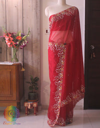 Red Pure Organza Pearl Handwork Saree – Handloom Saree Online India | Elegantt Drapes