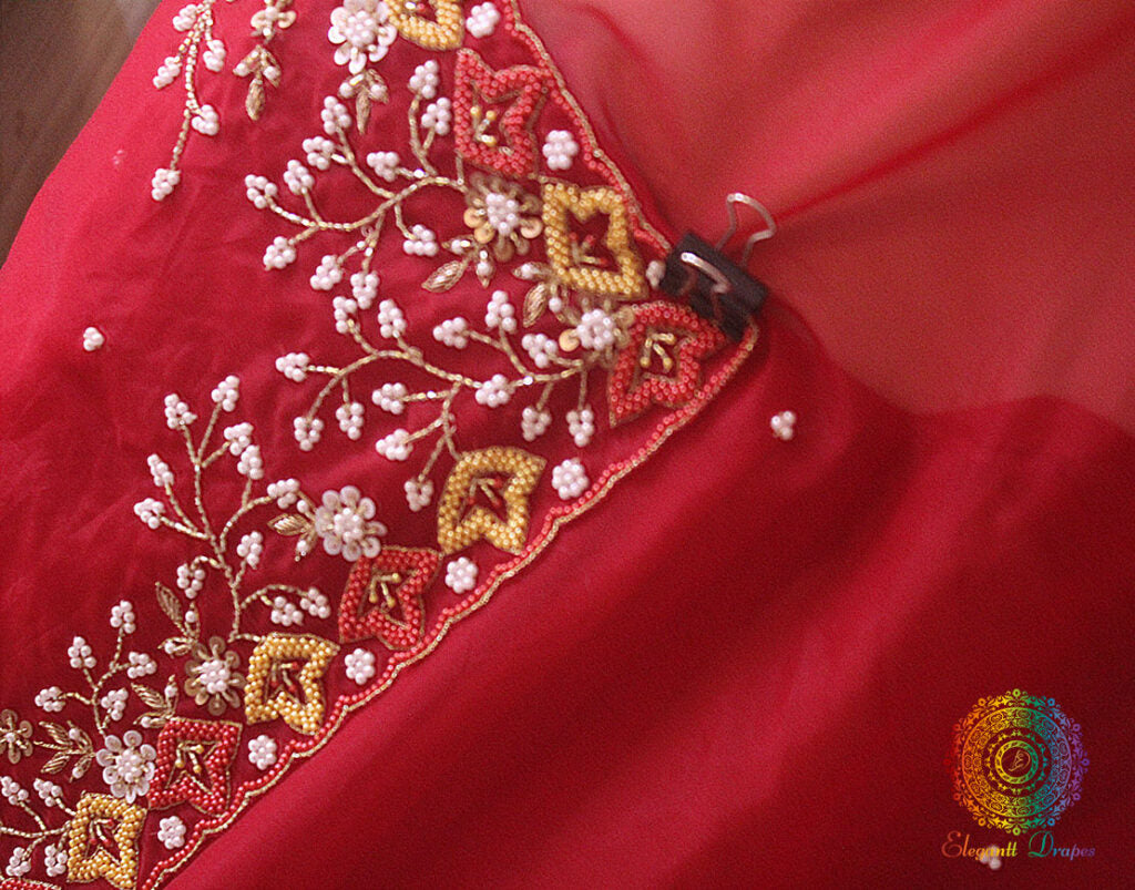 Red Pure Organza Pearl Handwork Saree – Handloom Saree Online India | Elegantt Drapes