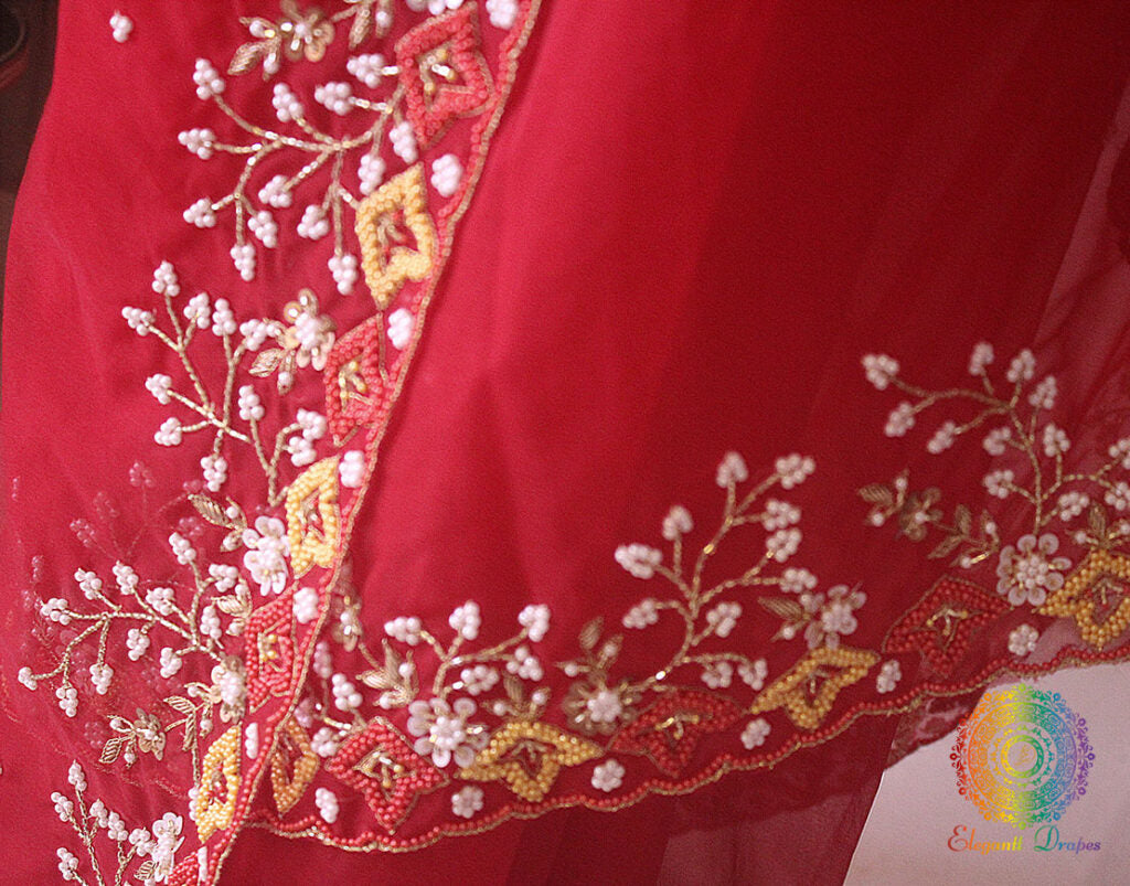 Red Pure Organza Pearl Handwork Saree – Handloom Saree Online India | Elegantt Drapes