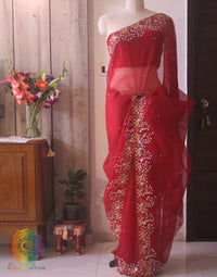 Red Pure Organza Pearl Handwork Saree – Handloom Saree Online India | Elegantt Drapes