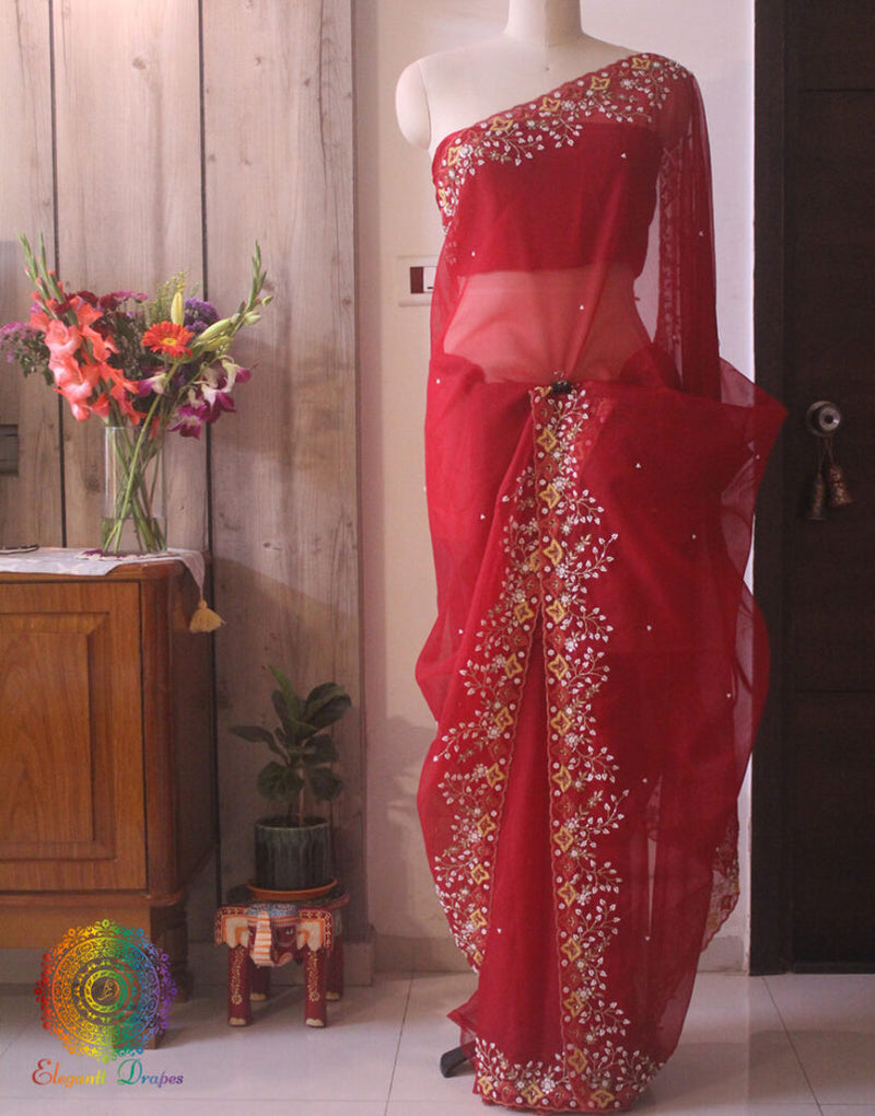 Red Pure Organza Pearl Handwork Saree – Handloom Saree Online India | Elegantt Drapes