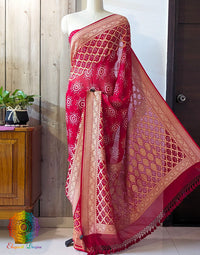 Red Banarasi Pure Khaddi Georgette Bandhani Saree – Bandhani Saree Online India | Elegantt Drapes