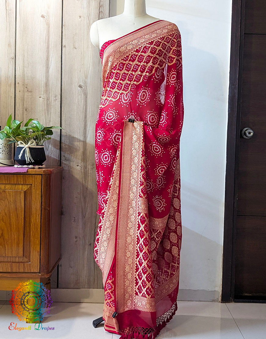 Red Banarasi Pure Khaddi Georgette Bandhani Saree – Bandhani Saree Online India | Elegantt Drapes