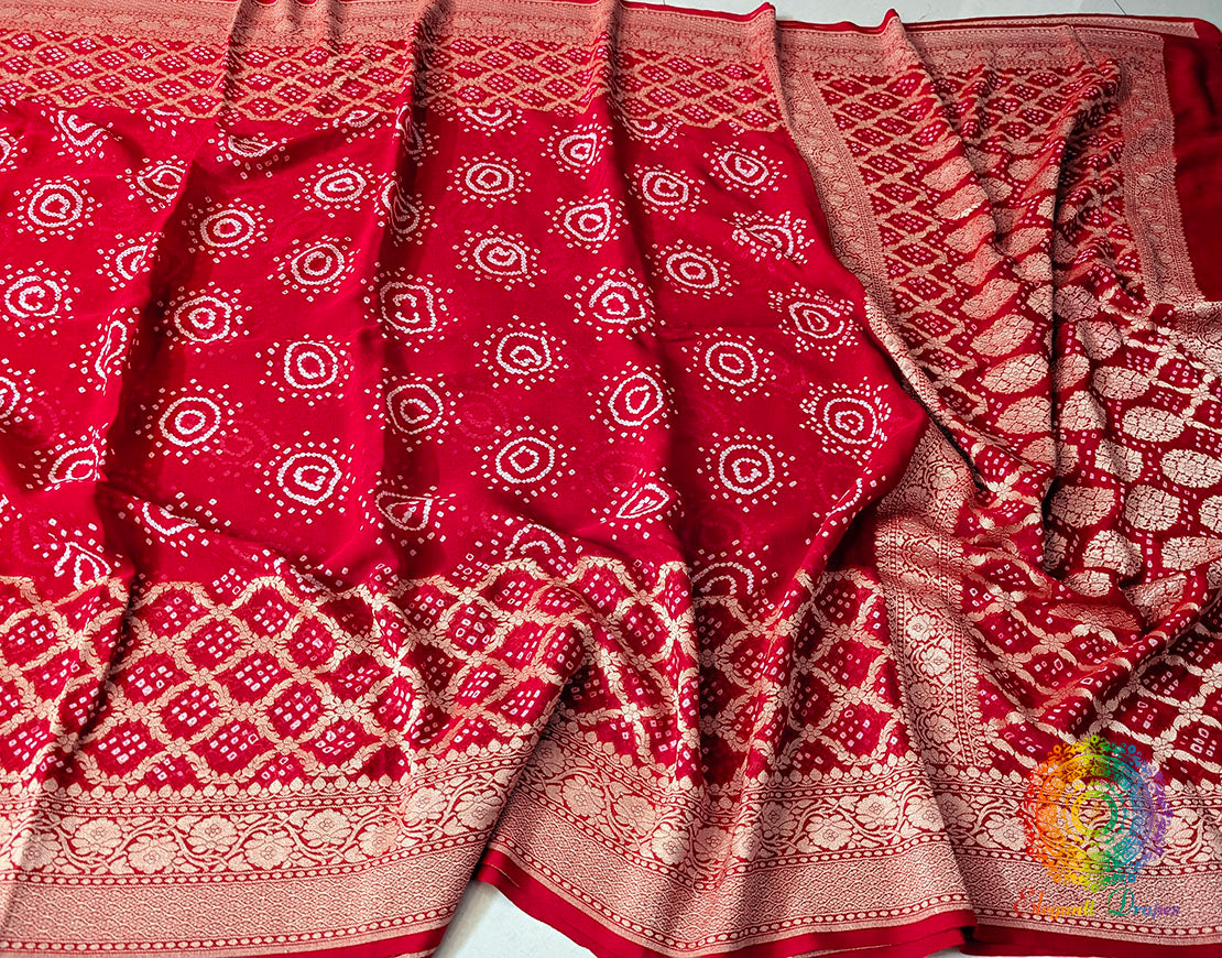 Red Banarasi Pure Khaddi Georgette Bandhani Saree – Bandhani Saree Online India | Elegantt Drapes