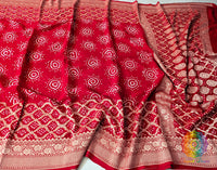 Red Banarasi Pure Khaddi Georgette Bandhani Saree – Bandhani Saree Online India | Elegantt Drapes