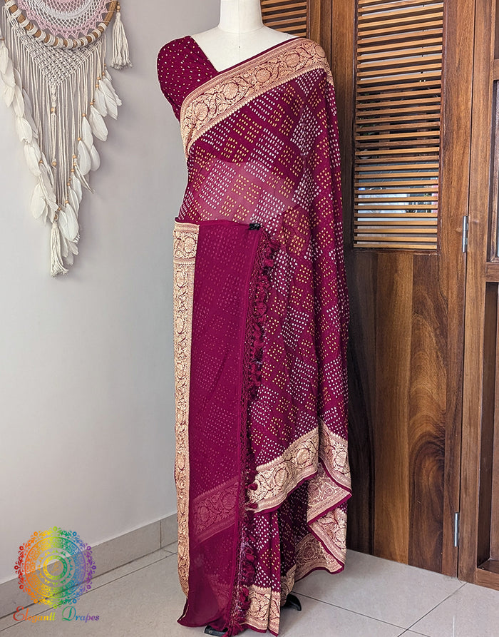 Red Banarasi Pure Georgette Bandhani Saree – Bandhani Saree Online India | Elegantt Drapes