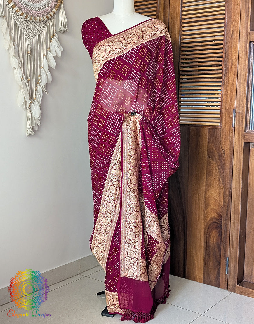 Red Banarasi Pure Georgette Bandhani Saree – Bandhani Saree Online India | Elegantt Drapes