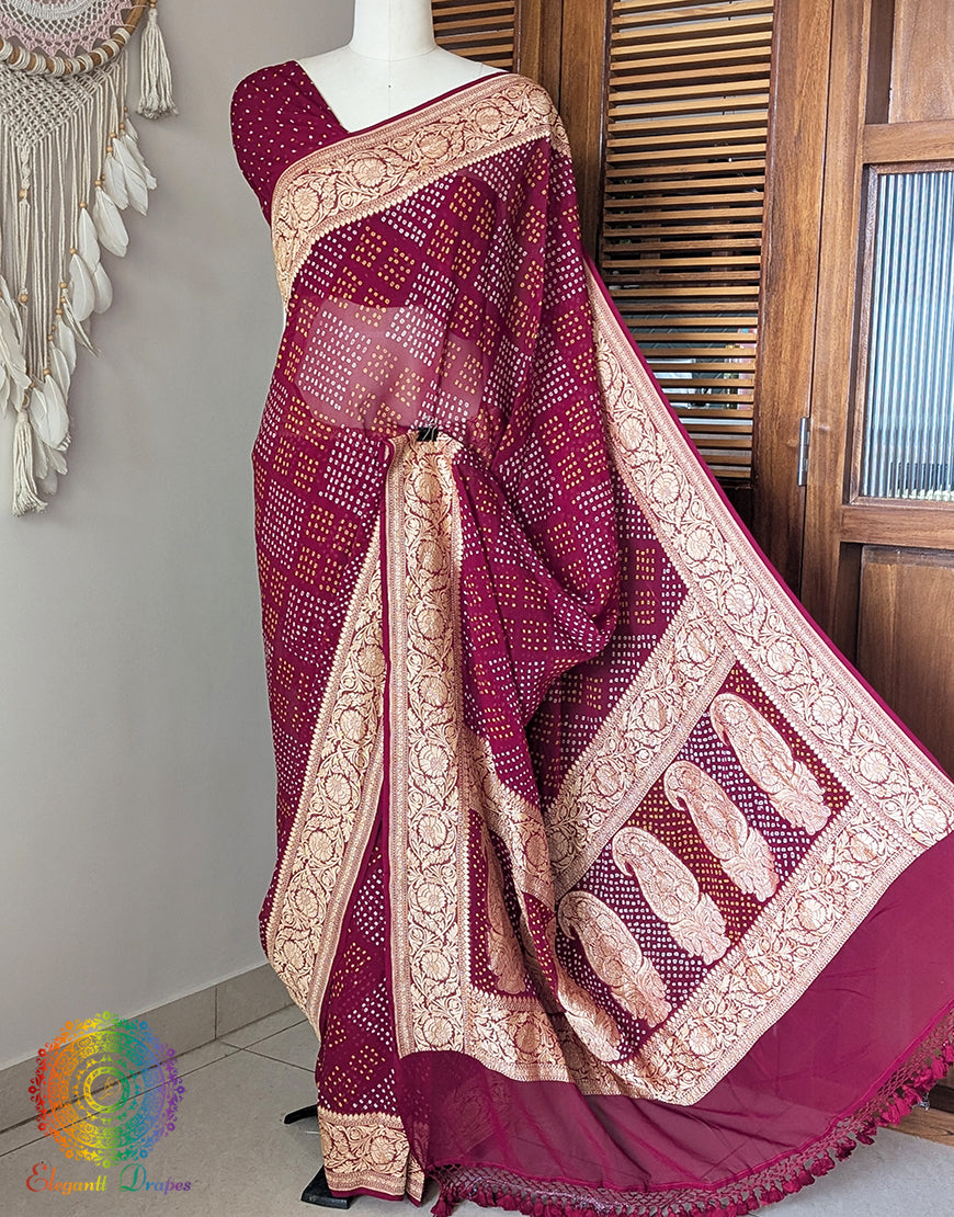 Red Banarasi Pure Georgette Bandhani Saree – Bandhani Saree Online India | Elegantt Drapes
