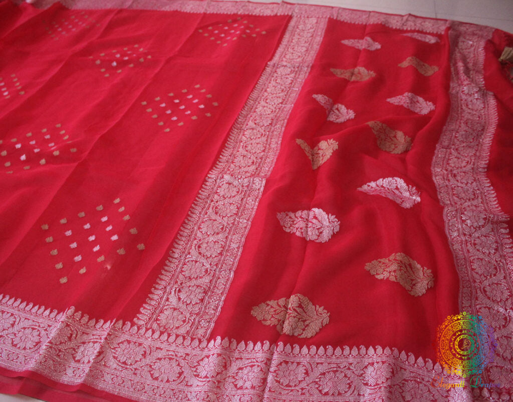 Tomato Red Banarasi Handloom Khaddi Georgette Kadhuwa Saree Saree – Handloom Saree Online India | Elegantt Drapes
