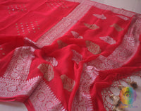 Tomato Red Banarasi Handloom Khaddi Georgette Kadhuwa Saree Saree – Handloom Saree Online India | Elegantt Drapes